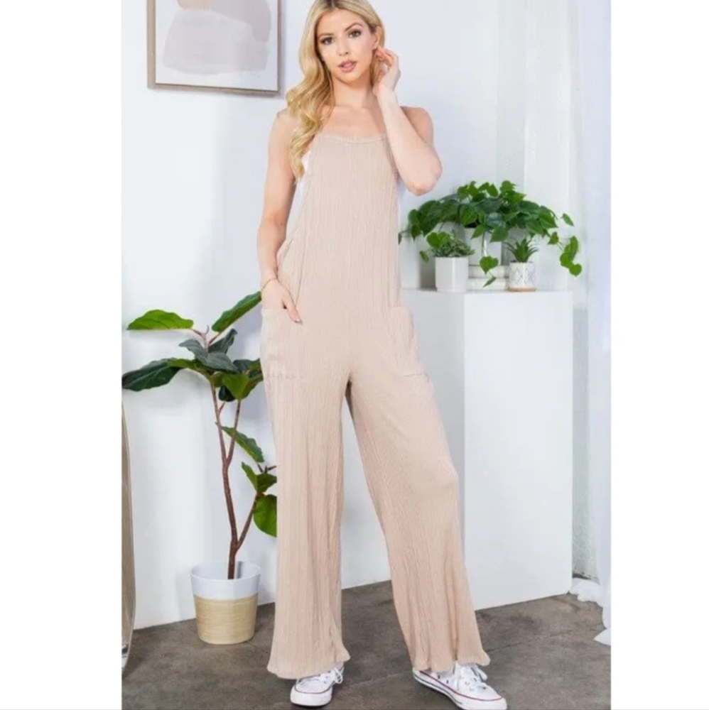 Orange Farm Wide Leg Ribbed Tan Overalls Jumpsuit Playsuit Spaghetti Straps